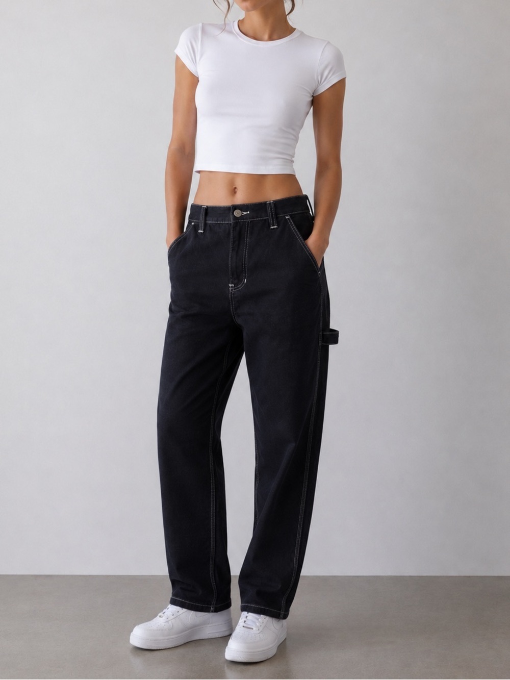 PacSun Y2K Black Cargo Jeans Size 25 Contrast White Stitch Utility Skater